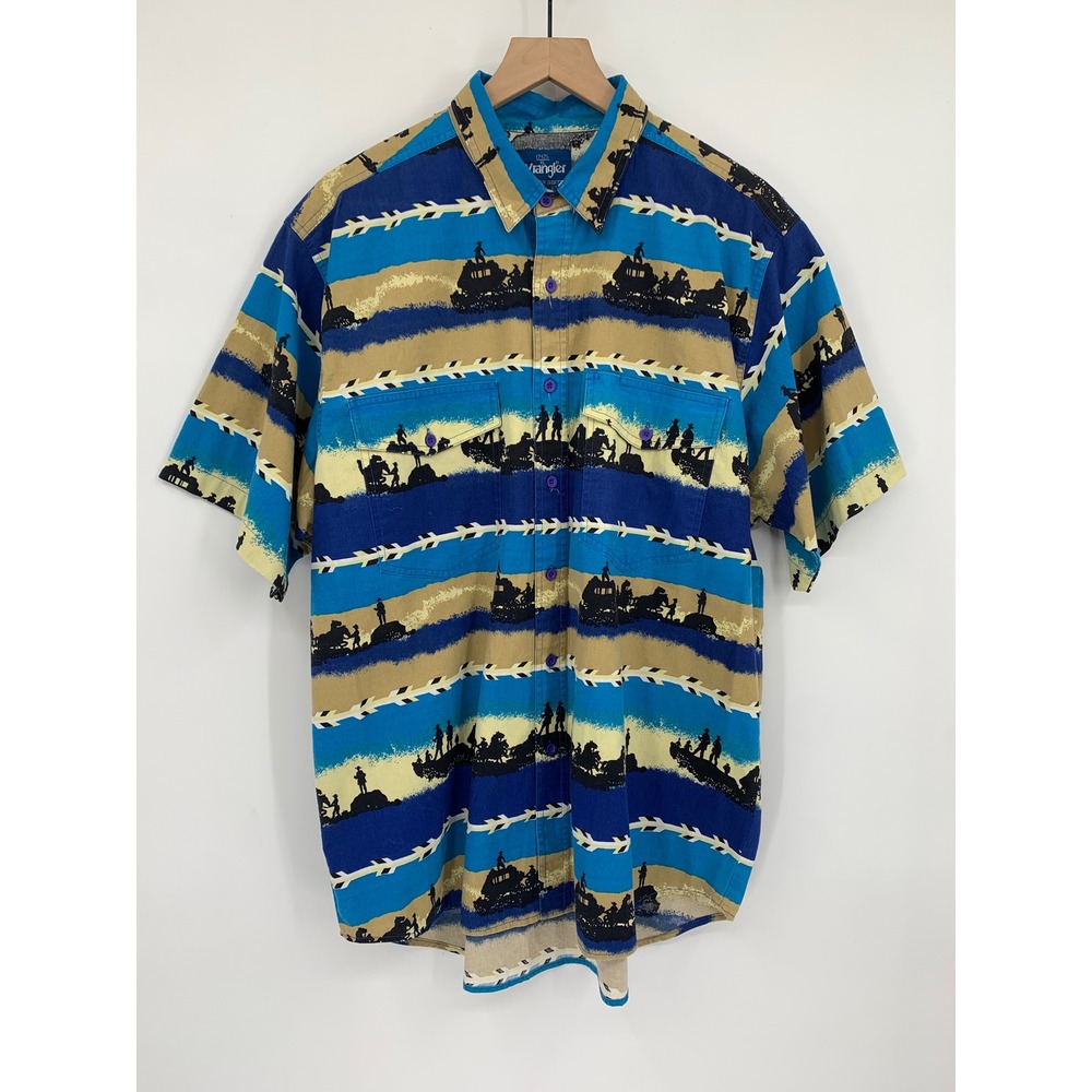 Vintage Wrangler Western Shirt Mens XL Blue Stagecoach Cowboy Short Sleeve